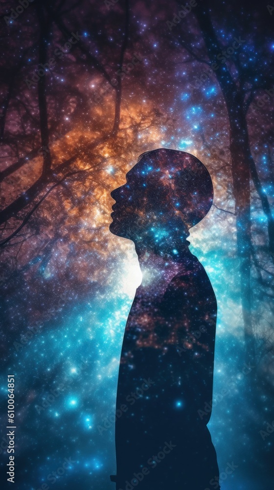 Poster a silhouette of a man standing in front of a galaxy. generative ai image.