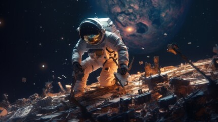 Obraz na płótnie Canvas A man in an astronaut suit on the moon. Generative AI image.