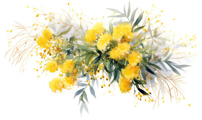 Watercolor painting of Golden wattle on white paper Floral illustration Bouquet - obrazy, fototapety, plakaty