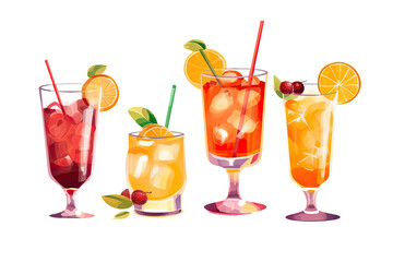 Variety group of fruit juices cocktail with ingredients for refreshing isolated on white background, healthy drink, glasses of juicy beverage, with Generative Ai.