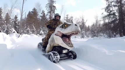 Fotobehang person riding t-rex snowmobile © Poprock3d