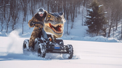person riding t-rex snowmobile - obrazy, fototapety, plakaty