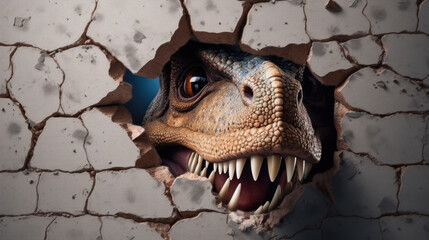 T Rex behind crack wall created with Generative AI technology