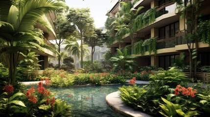 Fototapeta na wymiar tropical garden condominium created with Generative AI technology