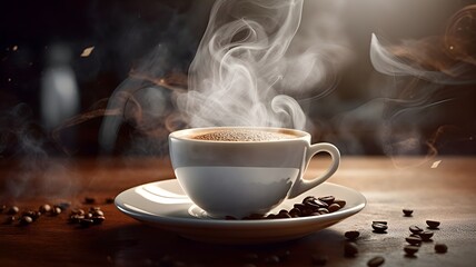 Fototapeta premium the aroma and warmth of a comforting cup of coffee, capturing the steam rising from a perfectly brewed cup with a close-up lens, invoking a sense of relaxation and indulgence, Generative AI