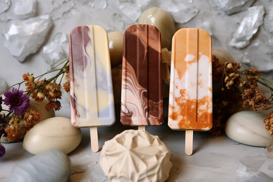 Popsicles decorated with chocholate aesthetic candycore marble carcore, Generative AI