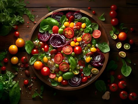 the vibrant colors and textures of a bountiful salad, capturing the freshness and healthfulness of farm-fresh ingredients with a top-down perspective, promoting a balanced, Generative AI