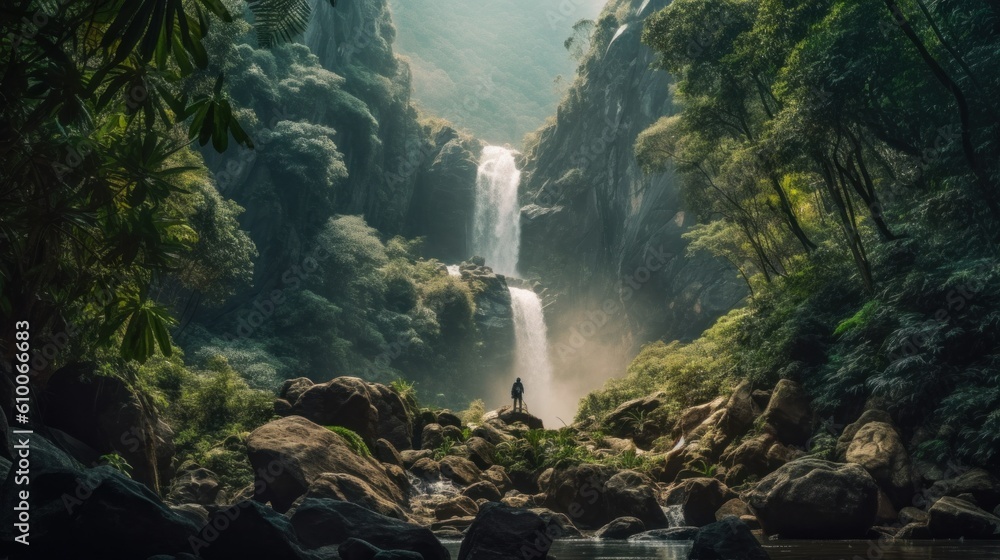 Poster a person standing in front of a waterfall. generative ai image.