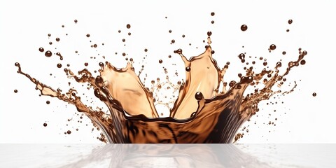 Plakat Beautiful splashes of coffee on a white background with reflection. Created with generative AI tools