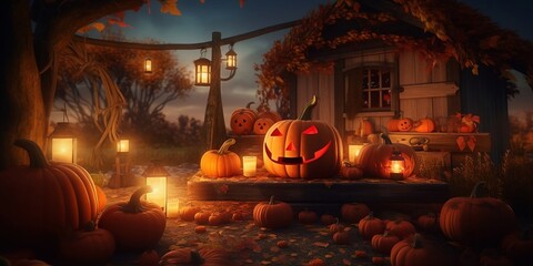 Halloween Screensaver With Glowing Carved Pumpkin On Barn Porch, Lots Of Pumpkins And Light Bulbs Around. Created with generative AI tools