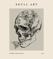 Poster skull with flowers in vintage style