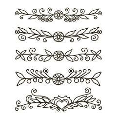 Flourishes. Hand drawn dividers set. Line style decoration. Ornamental decorative elements for notes and bullet journal. Vector ornate elements design. Line art flowers. Lineart dividers collection. - obrazy, fototapety, plakaty
