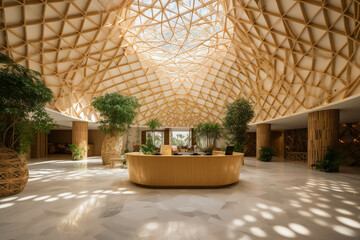Organic big spacious hotel lobby, front desk.  COASTAL / BEACHY style. Centered perspective. Interior Design