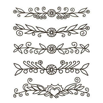 Flourishes. Hand drawn dividers set. Line style decoration. Ornamental decorative elements for notes and bullet journal. Vector ornate elements design. Line art flowers. Lineart dividers collection.