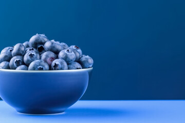 Ripe blueberries on a solid bright background with a copy space for text, isolated, Generative AI

