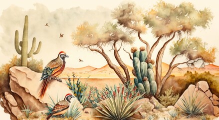 Watercolor painting, landscape, desert of Mexico, trees and birds in cactus, Generative AI