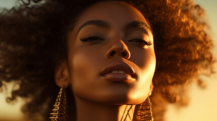 A mesmerizing shot of a model with flawless, glowing skin highlighted by golden-hour lighting Generative AI