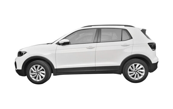 white VOLKSWAGEN T-CROSS isolated on white, side view, transparent PNG
