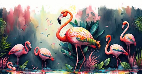 Pattern wallpaper digital watercolor painting of a flamingo in the middle of tropical lakes in bright colors, Generative AI
