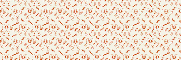 Grange cartoon teeth characters. Tooth concept.Background for poster,fabric print,wrapping paper.Seamless vector pattern