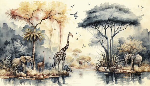 Watercolor painting style, high quality digital art, landscape on an African tropical forest with trees next to a river with giraffes and birds, Generative AI