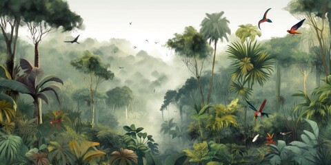 Wallpaper of a natural view of the rainforest of banana and palm trees, in consistent colors with birds, butterflies and parrots, Generative AI
