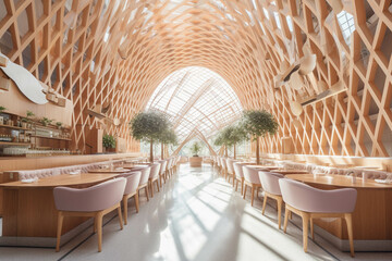 Organic fancy restaurant and bar. Aesthetic pastel color palette. Centered perspective. Interior Design