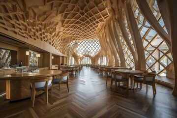 Organic fancy restaurant and bar. All wood material palette. Centered perspective. Interior Design