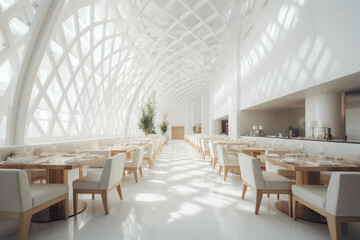 Organic fancy restaurant and bar. All-white color palette. Centered perspective. Interior Design