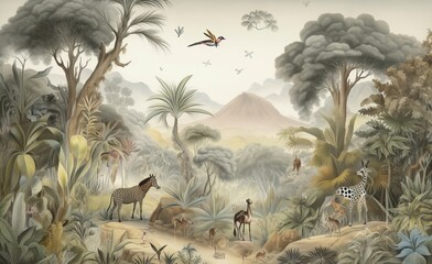 Jungle wallpaper, tropical forests with valleys, deer, colorful birds and butterflies in a vintage landscape drawing, Generative AI