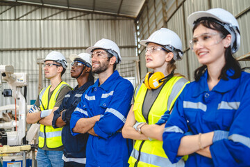 Professional engineer team full skill quality for maintenance service and training in industry worker, warehouse workshop for mechanical engineering factory operators, machinery production teamwork