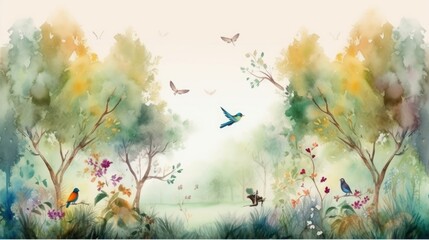 Obraz na płótnie Canvas watercolor painting digital art high quality, of a forest landscape with birds, butterflies and trees, in colors consistent style, Generative AI