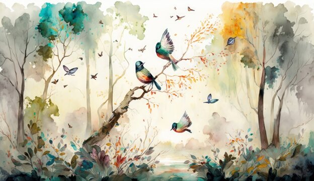 watercolor painting digital art high quality, of a forest landscape with birds, butterflies and trees, in colors consistent style, Generative AI