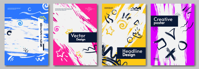Set of abstract posters. Art paint brushes and scratches with lines and shapes. White backdrop. Design for poster, banner, cover, brochure.
