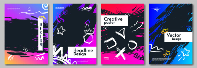 Vector illustration. Gradient colors paint brush and scratches with shapes. Design for cover, postcard, poster, banner.