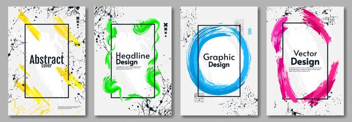 Set of vector illustrations. Poster with paint brushes and scratches on white backdrop. Design for poster, cover, album, banner, flyer.
