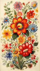 A picture of a bunch of flowers on a table. Generative AI. Polish folk art.