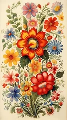 Tuinposter A picture of a bunch of flowers on a table. Generative AI. Polish folk art. © Friedbert