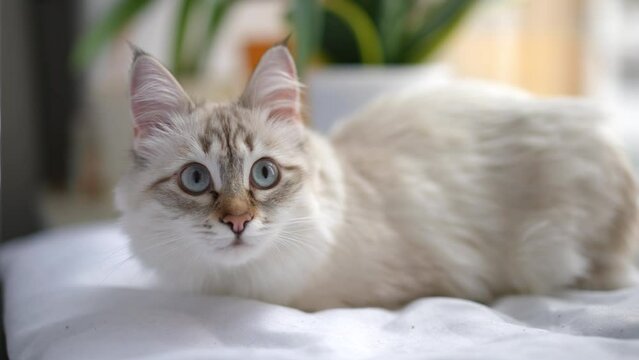 White beige cat lying on soft pillow looking at camera and turning away in slow motion. Portrait of adorable pet posing indoors at home