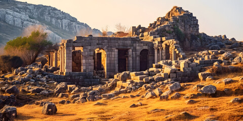 Obraz premium Ancient Ruins: The remains of an old temple or castle set against a beautiful natural landscape. Generative ai.