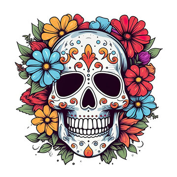 A sugar skull with flowers around it. Generative AI.