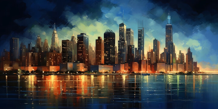 Cityscape at Night: A stunning view of a metropolitan skyline illuminated by city lights. Generative ai. © ckybe