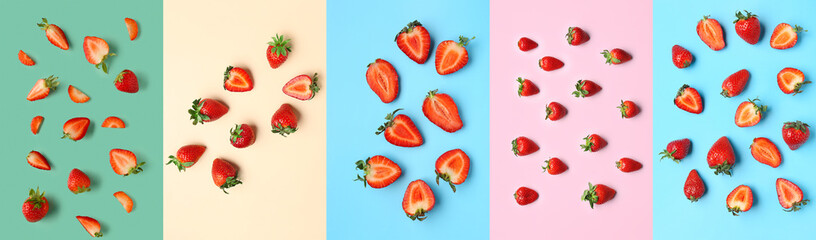Collage with many ripe strawberries on color background, top view