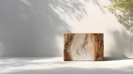 Creative minimal concept. Wooden wood block podium with natural plant blurred shadow background. Mock up template for product presentation. 3D rendering. copy text space	
