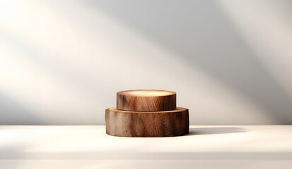 Creative minimal concept. Wooden wood block podium with natural shadow background. Mock up template for product presentation. 3D rendering. copy text space	
