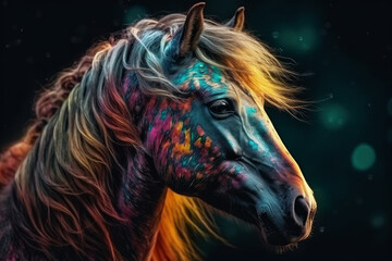 Abstract neon horse on black background, AI Generated
