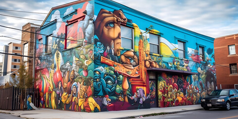 Street Art Scene: A vibrant urban setting with colorful graffiti murals. Generative ai.