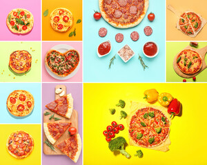 Collage with different pizzas on color background