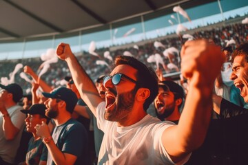 group of joyful fans at the stadium celebrating the victory of their team football sport concept generative ai