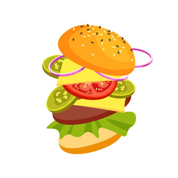 Vector attractive jumping hamburger. Burger with cheese, tomatoes, chop, lettuce, pickles. Fast food or junkfood meal. Illustration for menu design.